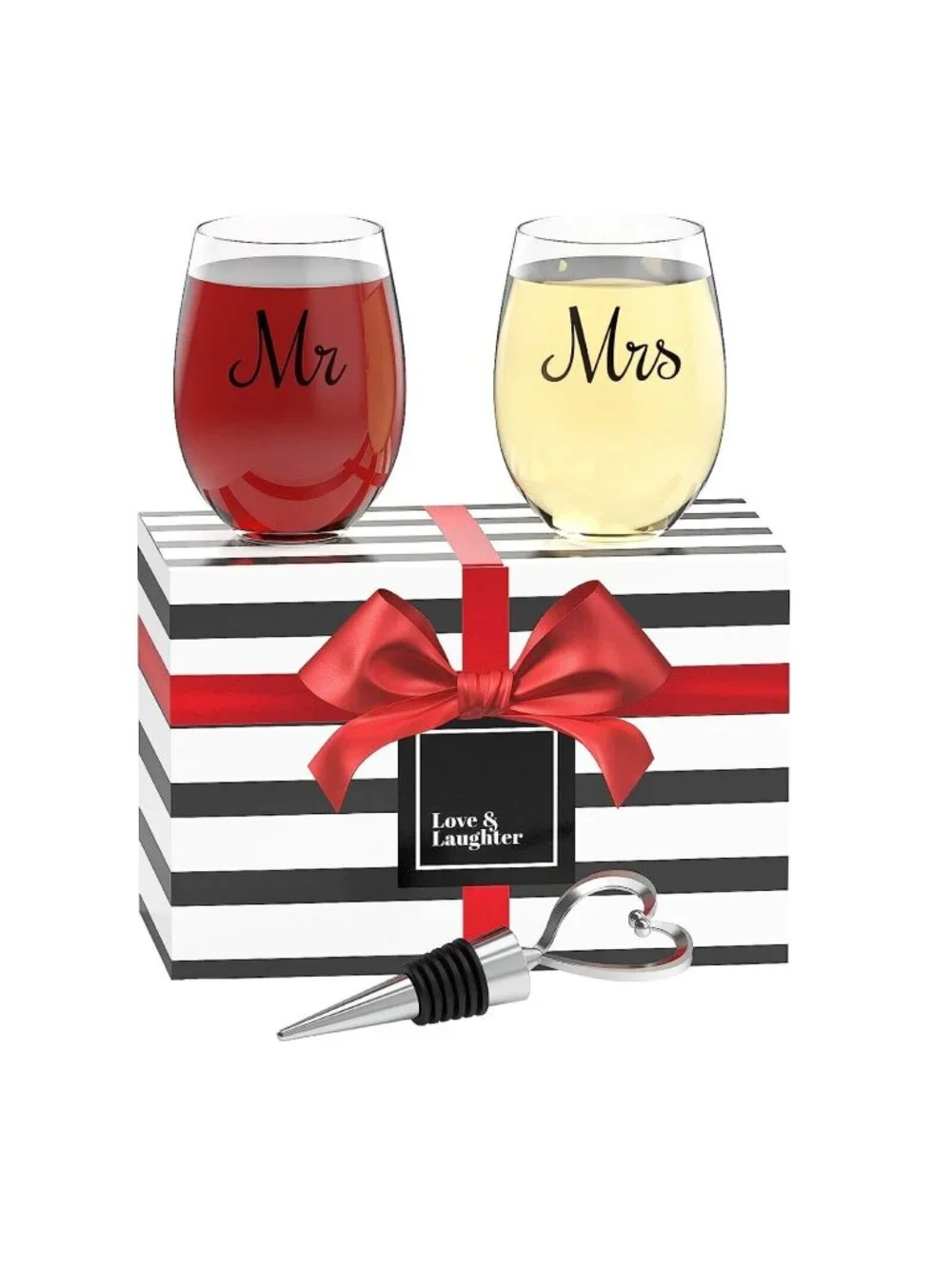Mr & Mrs Wine Glass Set and Bottle Stopper Stemless Wine Glass Set of 2